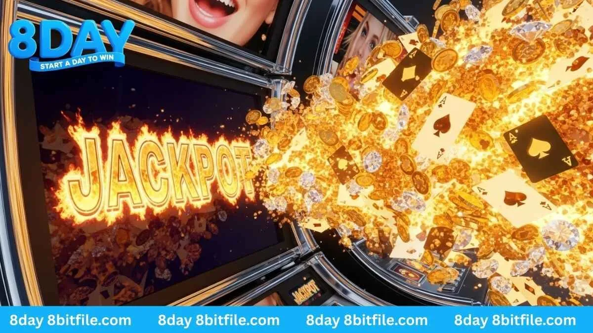 Khoảnh khắc nổ hũ Jackpot tại 8DAY với tiền vàng và lá bài tuôn ra từ máy slot.