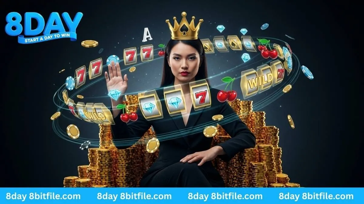 Nữ hoàng quay hũ 8DAY ngồi trên ngai vàng, điều khiển các biểu tượng game slot và lá bài